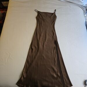 Audrey 3+1 Espresso Brown Maxi Spaghetti Strap Slip Dress Cowl Neck Thigh Slit